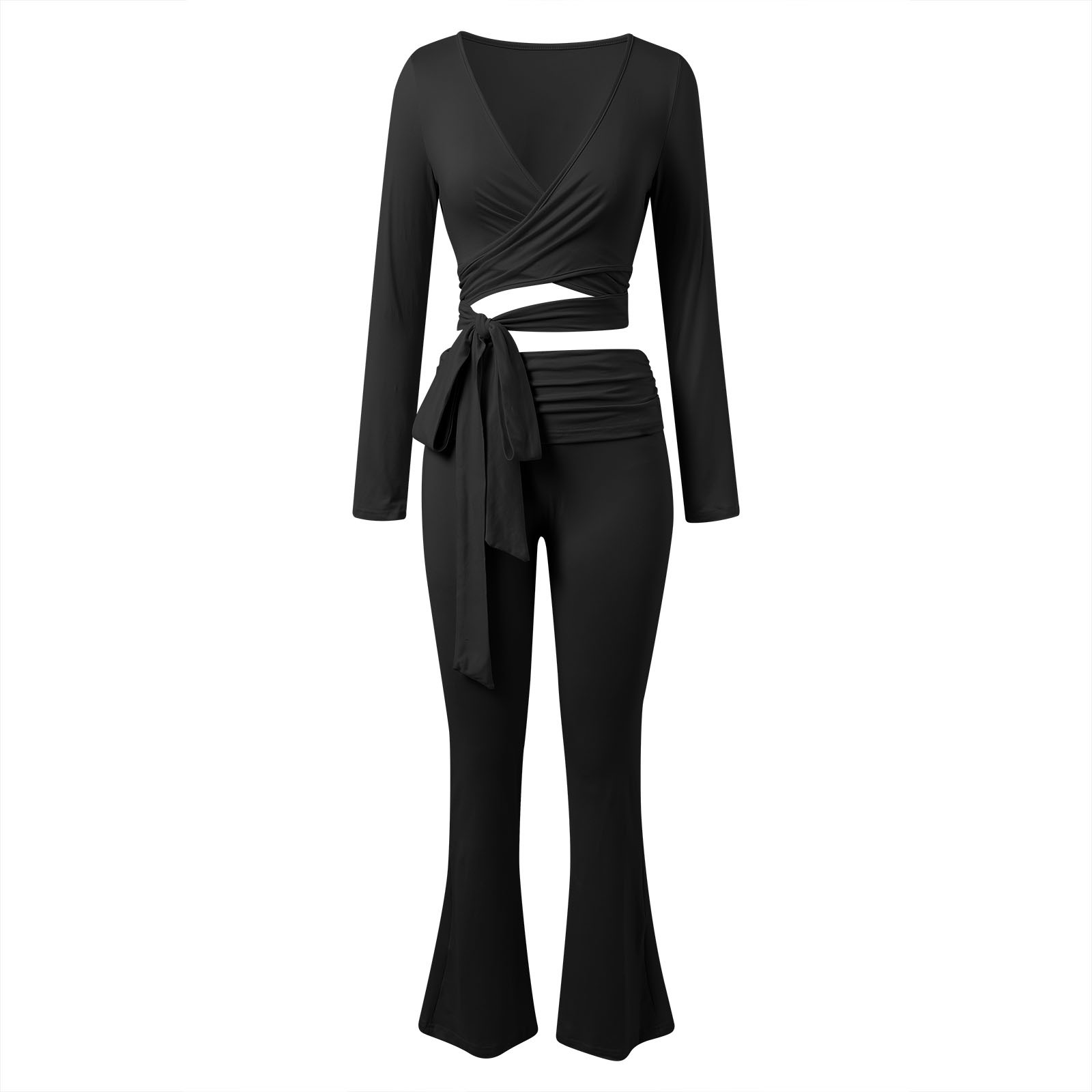 thumbnail image 4 of Traje pantalón elegante para mujer: cuello en V, pantalones informales, poliéster, versátil, primavera/verano, lavado a mano/a máquina, tallas S-XL con ajuste en el busto y la cintura, 4 of 6